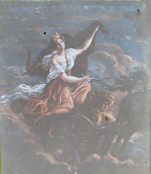 Diana, Roman Goddess of the Hunt, Birthing, and the Moon, -Lumachrome by Fausto Tasca, 1919, -Installed painting in the niche above the fireplace, -Archive of the Tasca Estate