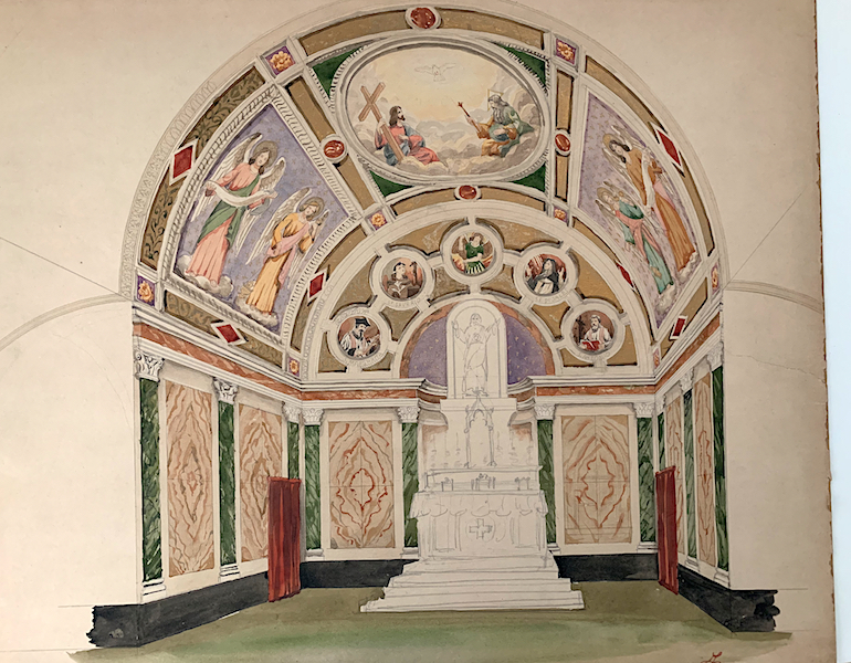 Main altar, Cabrini Chapel, -Watercolor sketch, -Archive of the Tasca Estate