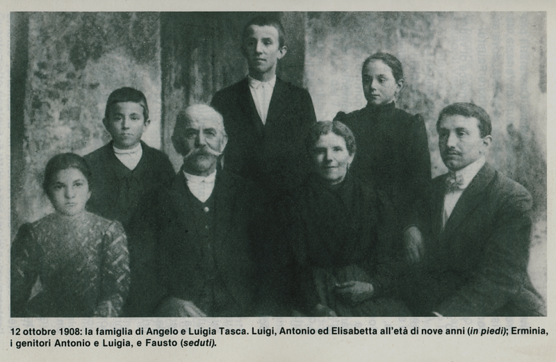Family of Angelo Tasca and Luigia Battagin, October 12, 1908, -standing: Luigi, Antonio, Elisabetta, seated: Erminia, Antonio, Luigia, Fausto, -Photographer unknown