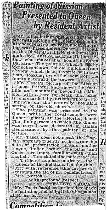 Newspaper article, 1919, -Gift of Mission painting, -to the King & Queen of Belgium, -Archive of the Tasca Estate